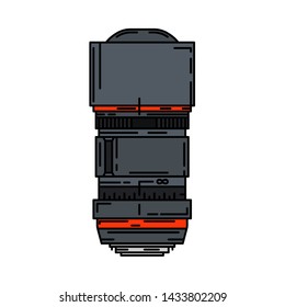 Line color vector icon digital photographer professional equipment. Photography art. Photographic camera lens telephoto, fish eye, portrait. Cartoon style illustration, design. Snapshot photo studio.
