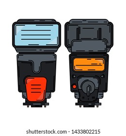 Line color vector icon digital photographer professional equipment. Photography art. Photographic camera compact power flash, bulb. Cartoon style illustration, element design. Snapshot photo studio.
