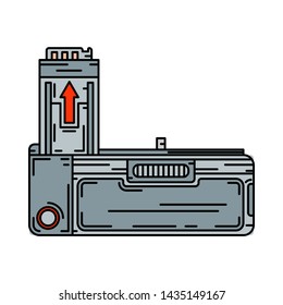 Line color vector icon digital photographer professional studio equipment. Photography art. Photographic camera battery compact power bank. Cartoon style illustration element design. Photo impressions