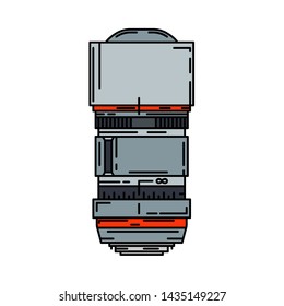 Line color vector icon digital photographer professional studio equipment. Photography art. Photographic camera lens telephoto, fish eye, portrait. Cartoon style illustration design. Photo impressions