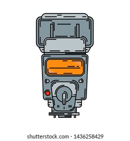 Line color vector icon digital photographer professional studio equipment. Photography art. Photographic camera compact power flash, bulb. Cartoon style illustration, element design. Photo impressions