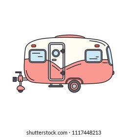 Line color vector icon retro tourism auto trailer. Classic 1950s. Nostalgia antique automobile family camping. Summer travel vacation. Vintage cartoon car. Highway ride. Van. Illustration for design.