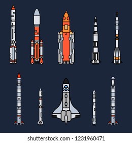 Line color vector icon set elements of aerospace program multistage rocket. Cartoon style rocket, astronaut adventure. Illustration and element for design. Space investigations. Galaxy. Clipart logo.