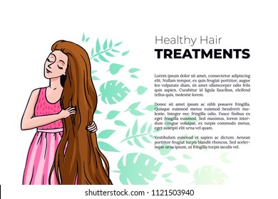 Line and color vector illustration of a girl with long healthy hair. Dreamy beautiful woman with gorgeous hair. Template of article for blog or magazine about healthy hair treatment.