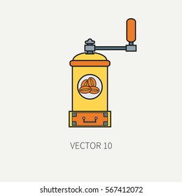 Line color vector kitchenware icons - coffee mill. Cutlery tools. Cartoon style. Illustration, element for your design. Equipment for food preparation. Kitchen. Household. Cooking. Cook. Grinder