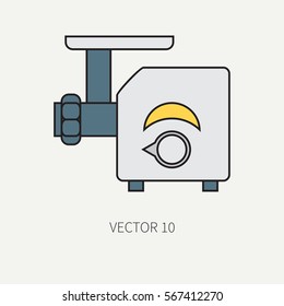 Line color vector kitchenware icons - meat grinder. Cutlery tools. Cartoon style. Illustration and element for your design. Equipment for food preparation. Kitchen. Household. Cooking. Cook. Mincer.