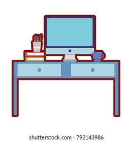 line color wood desk with computer screen and books