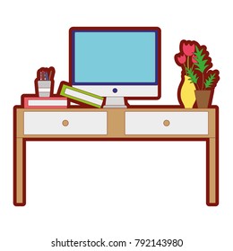 line color wood desk object with drawers and computer