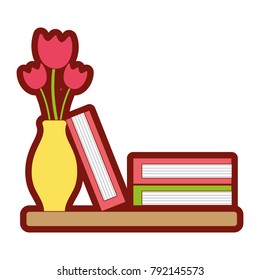 line color wood shelf with flowers inside jar and books