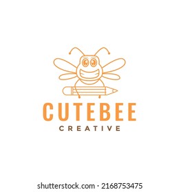 line colored cartoon cute bee with pencil logo design vector graphic symbol icon illustration creative idea