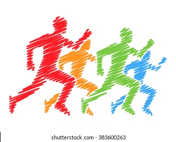 Line colored silhouettes of runners. Vector run and marathon symbol.