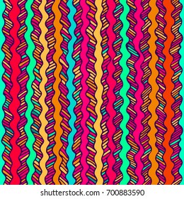 Line colorful hand drawn seamless pattern. Doodle bright background. Abstract color waves. Vector illustration.