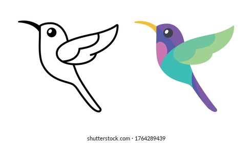 La línea y los colibríes coloridos. Ilustración simple de la planta baja