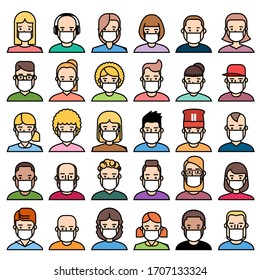 Line colorful icons collection of people avatars in medical face protection mask. Illustration for concepts of virus protection, coronavirus, quarantine