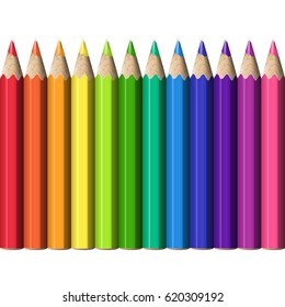 Line of Colorful Pencils Continuous to Right and to Left. Set of Realistic Sharp Colored Pencils.