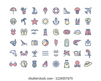 Line colorful sea summer holiday icon set