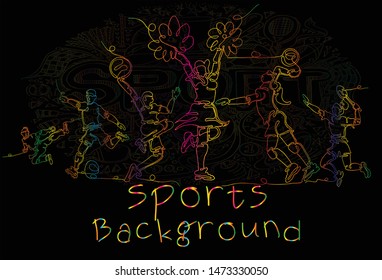 Line colorful sports background, Football, Basketball, Cheerleader, Taekwondo, Volleyball, Badminton, Logo, Icon, Symbol, Silhouette, Vector illustration.