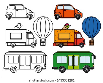 Line and colorful transport vector set. Bus, car, air balloon isolated on white background