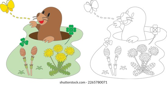 Line for coloring of a mole, horsetails and dandelions. Coloring book for children.