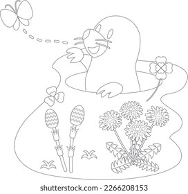 Line for coloring of a mole, horsetails and dandelions. Coloring book for children.