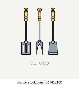 Line colorvector kitchenware icons fork, furcula, scapula. Cutlery tools. Cartoon style. Illustration, element for your design. Equipment for food preparation. Kitchen. Household Cooking Cook