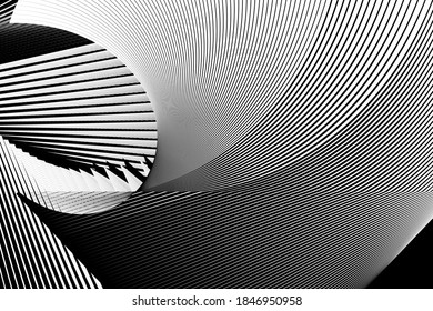 Line composition, geometric dynamic pattern, abstract halftone lines black and white background, vector modern design texture for card, cover, poster, decoration.