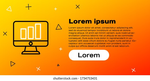 Line Computer monitor with graph chart icon isolated on yellow background. Report text file. Accounting sign. Audit, analysis, planning. Colorful outline concept. Vector Illustration