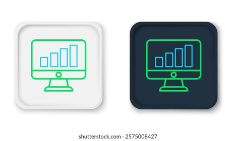 Line Computer monitor with graph chart icon isolated on white background. Report text file. Accounting sign. Audit, analysis, planning. Colorful outline concept. Vector