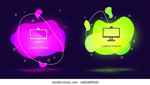Line Computer monitor icon isolated on black background. PC component sign. Abstract banner with liquid shapes. Vector Illustration