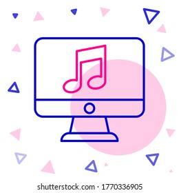 Ordenador de línea con símbolo de nota musical en el icono de pantalla aislado en el fondo blanco. Concepto de esquema colorido. Ilustración vectorial