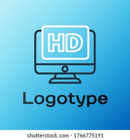 Line Computer PC monitor display with HD video technology icon isolated on blue background. Colorful outline concept. Vector Illustration
