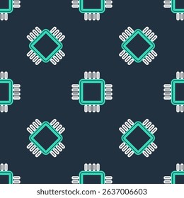 Line Computer processor with microcircuits CPU icon isolated seamless pattern on black background. Chip or cpu with circuit board. Micro processor.  Vector