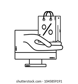 line computer technology and hand with shopping bag