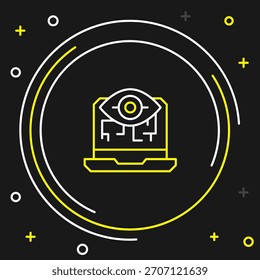 Línea Icono de visión por computadora aislado sobre fondo negro. Visión técnica, circuito ocular, sistema de videovigilancia, sistemas de realidad aumentada. Concepto de contorno colorido. Vector