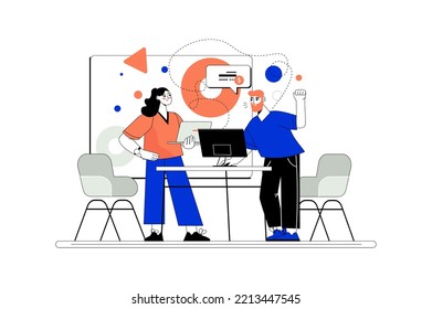 Line concept Business meeting with people scene in the flat cartoon style. Two business partner discuss important issues in the office. Vector illustration.