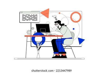 Line concept Coding with people scene in the flat cartoon style. Programmer writes code for an Internet site using a programming language. Vector illustration.