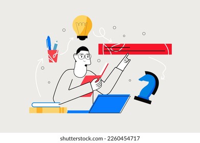 Line concept Education with people scene in the flat cartoon style. Student works on an online lesson to gain new knowledge. Vector illustration.