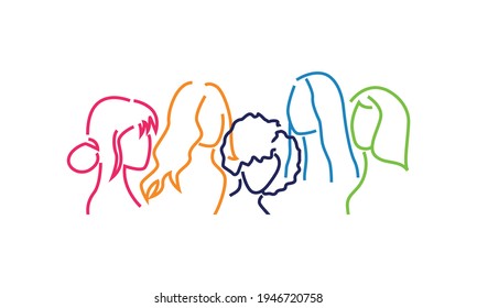 Line Concept of Five Women of different ethnicities together. Feminist movement.  Vector illustration on white background