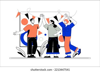 Line concept Happy people with people scene in the flat cartoon style. Team of people rejoice after successful work. Vector illustration.