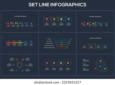 Line concept for infographic with 3, 4, 5, 6 options, parts or processes. Template for web on a black background.