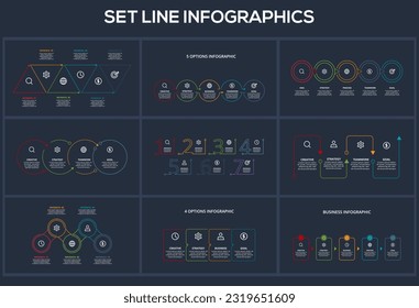 Line concept for infographic with 3, 4, 5, 6, 7 options, parts or processes. Template for web on a black background.