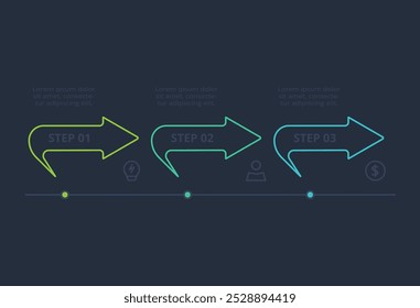 Line concept for infographic with 3 steps, options, parts or processes. Template for web on a black background.