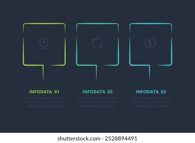 Conceito de linha para infográfico com 3 etapas, opções, partes ou processos. Modelo para a Web em um plano de fundo preto.