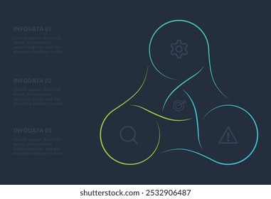 Linienkonzept für die Infografik mit 3 Schritten, Optionen, Teilen oder Prozessen. Vorlage für Web auf schwarzem Hintergrund.