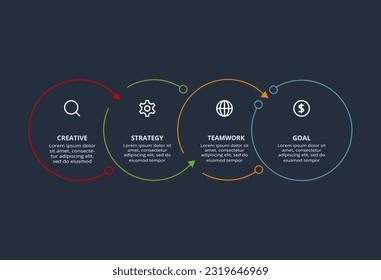 Line concept for infographic with 4 steps, options, parts or processes. Template for web on a black background.