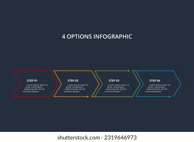 Concepto de línea para infografía con 4 pasos, opciones, partes o procesos. Plantilla para web sobre fondo negro.