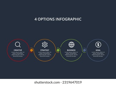 Concepto de línea para infografía con 4 pasos, opciones, partes o procesos. Plantilla para web sobre fondo negro.