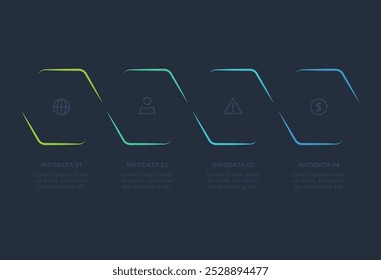 Concepto de línea para infografía con 4 pasos, opciones, partes o procesos. Plantilla para el Web sobre un fondo negro.