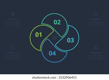 Conceito de linha para infográfico com 4 etapas, opções, partes ou processos. Modelo para a Web em um plano de fundo preto.