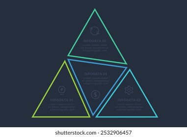 Conceito de linha para infográfico com 4 etapas, opções, partes ou processos. Modelo para a Web em um plano de fundo preto.